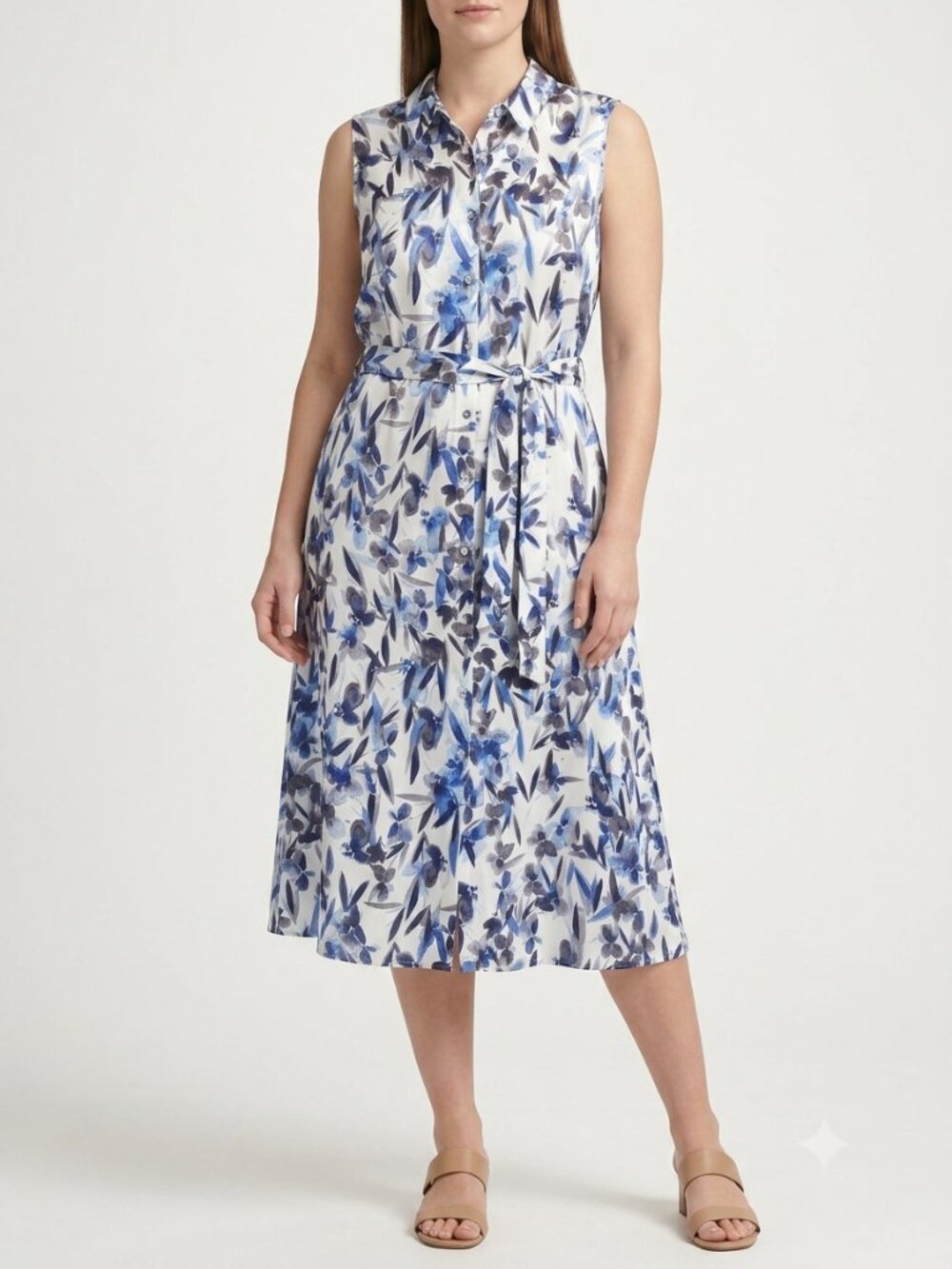 Dkny Floral Sleeveless Midi Shirt Dress 12 Blue NWT